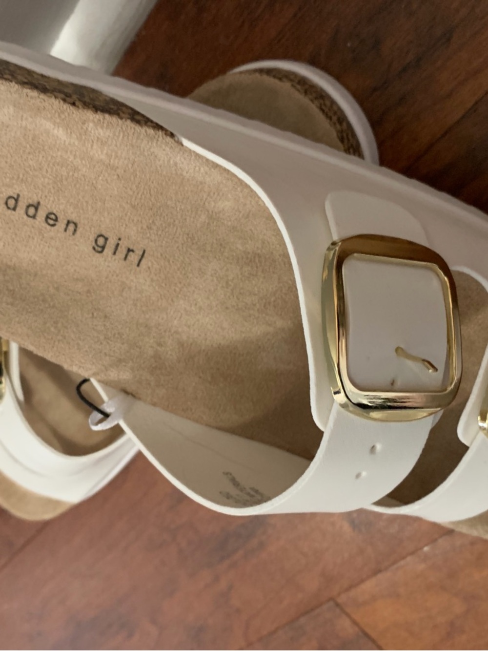 11 Steve Madden Arizona style White Double Buckle Slide Sandals Gold